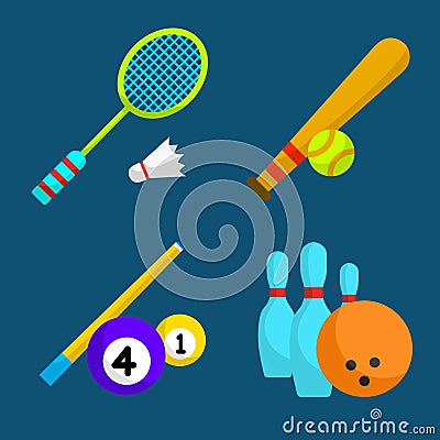 Sports equipment sets, badminton, baseball, billiards and bowling, Vector Illustration