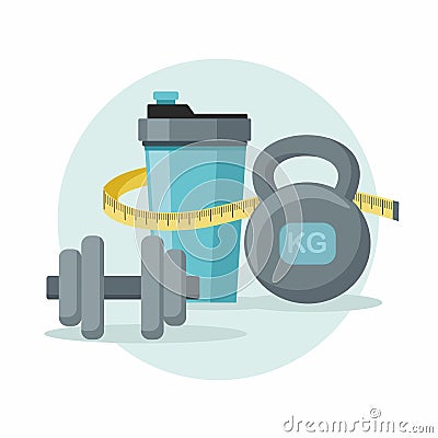 Sports equipment. Shaker, dumbbell and weights. Healthy sport and diet Vector Illustration