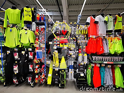 Sports equipment of various sizes and colors at Decathlon Editorial Stock Photo