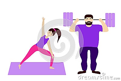 Sports family: a man with a barbell and a girl doing yoga. Isolated figures of people. Flat vector. Vector Illustration