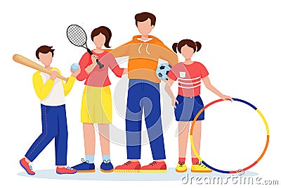 Sports family. Woman with a tennis racket, man with a soccer ball and girl with hoop and boy with baseball bat Vector Illustration