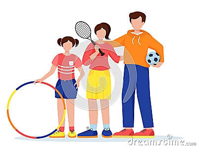 Sports family. Woman with a tennis racket and man with a soccer ball and girl with hoop. Vector Illustration