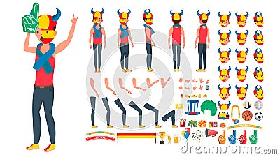 Sports Fan Vector. Animated Character Creation Set. Man National Team Supporter. Full Length, Front, Side, Back View Vector Illustration