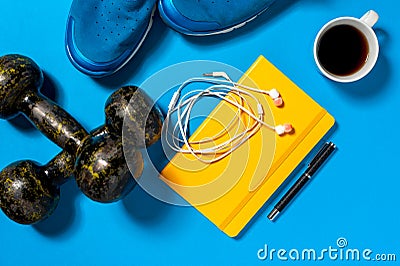 Sports and fitness equipment flat lay. Stock Photo