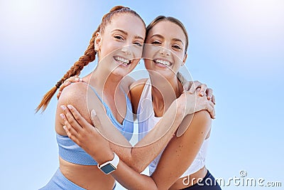 Sports, fitness friends or woman hug for support, motivation and teamwork on outdoor blue sky mock up sunshine lens Stock Photo