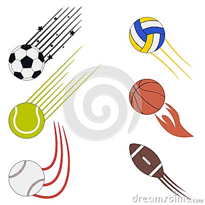 Sports flying balls set with speed motion trails. Graphic design for athletic logo with soccer, basketball, volleyball, baseball. Vector Illustration