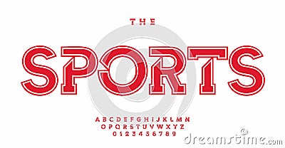 Sports font, slab serif letters and numbers with outline, old-school versatile font for college university sport team t Vector Illustration