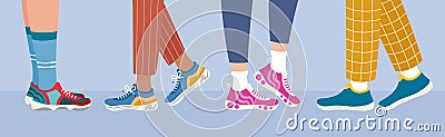 Sports footwear banner. Legs in sneakers side view. Healthy lifestyle concept. Women and men walking in sneakers. Daily activity. Vector Illustration