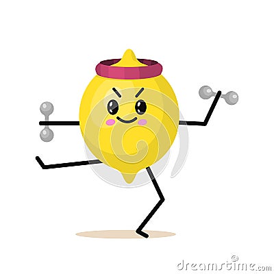 Sports fruit lemon character with dumbbells. Cute healthy vegetable and funny face. Happy food. vegetarian vitamin diet Vector Illustration
