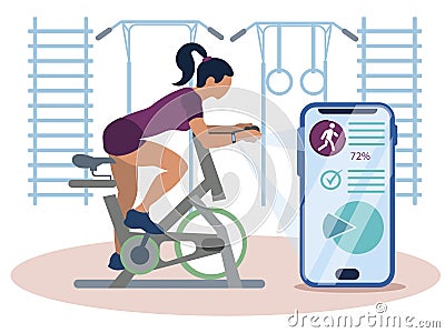 Sports gadget. A woman doing a workout on a bike-trainer and using a mobile application to watch out her performance Vector Illustration