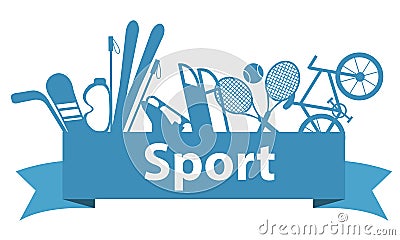 Sports and game equipment on a blue ribbon Vector Illustration
