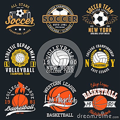 Sports game typography - soccer, volleyball and basketball. Set of athletic print for t-shirt design. Graphics for sport apparel. Vector Illustration