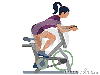 Sports girl on a stationary bike, isolated object. Sport and recreation. In minimalist style. Cartoon flat Vector Illustration