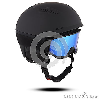 Sports hats, helmets, goggles, snow, skis isolated white background with clipping path Stock Photo