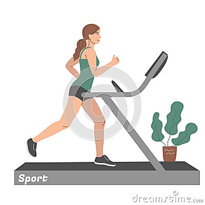 Sports at home. A girl runs on a treadmill Vector Illustration