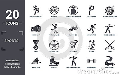 sports icon set. include creative elements as person kicking ball with the knee, dartboard with dart, man sprinting, breakdance, Vector Illustration