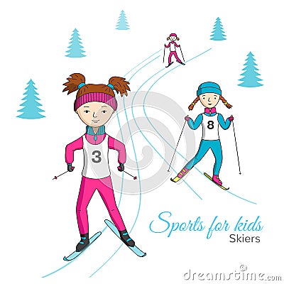 Sports for kids. Skiers. Vector Illustration