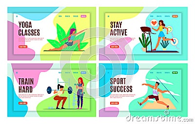 Sports landing page. Athletes make fitness workout, yoga classes and active, healthy lifestyle vector web design Vector Illustration