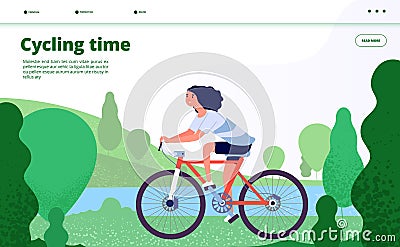 Sports landing. Woman cycling, fitness sport exercises. Person riding bicycle in forest park, enjoy healthy lifestyle Vector Illustration