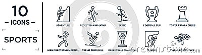 sports linear icon set. includes thin line adventure, skiing, tower from a chess set, skiing down hill, climber, two judo fighters Vector Illustration