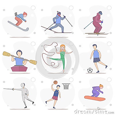 sports man, with basketball player, pole vault, ski man, water skiing vector flat illustration Vector Illustration