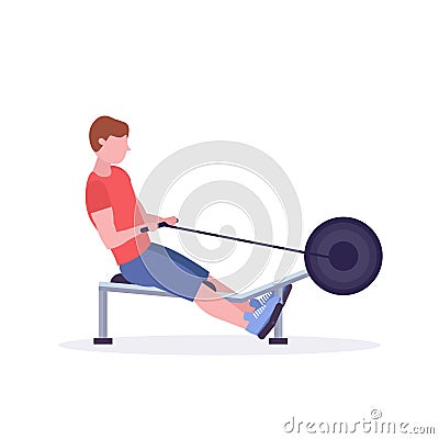 Sports man doing exercises on rowing machine guy working out in gym on training apparatus crossfit healthy lifestyle Vector Illustration
