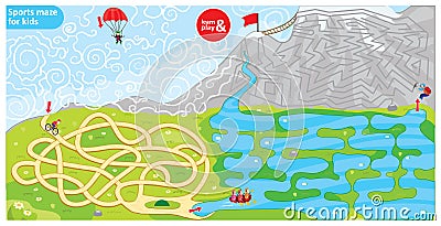 Sports maze for kids. Puzzle for development logic in children. Sports theme maze bike, parachute, rowing and climbing Vector Illustration