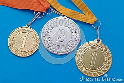 Sports medals for the first and second places for the results of sports competitions. Stock Photo