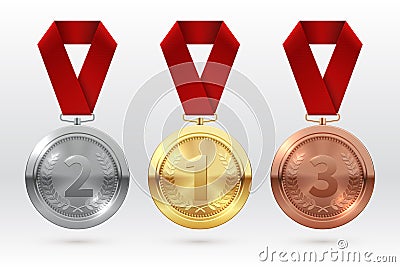 Sports medals. Golden silver bronze medal with red ribbon. Champion winner awards of honor vector isolated template Vector Illustration