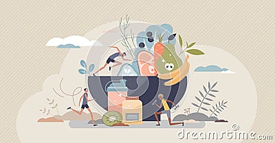 Sports nutrition and active lifestyle healthy eating menu tiny person concept Vector Illustration