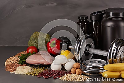 Sports nutrition and fitness equipment. Stock Photo