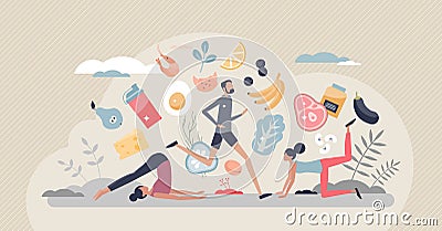 Sports nutrition and healthy product eating for fitness tiny person concept Vector Illustration