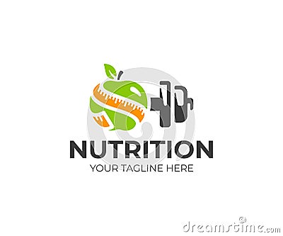 Sports nutrition logo template. Green apple with measure tape and metal dumbbell vector design Vector Illustration