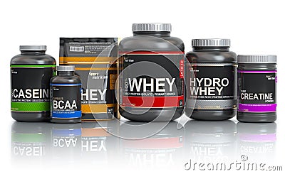 Sports nutrition supplements for bodybuilding. Whey protein c Cartoon Illustration