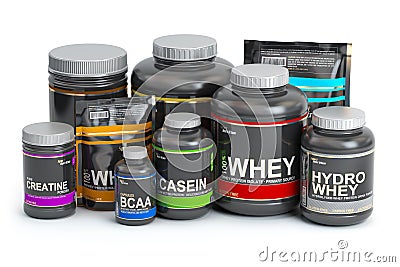 Sports nutrition supplements for bodybuilding. Whey protein c Cartoon Illustration