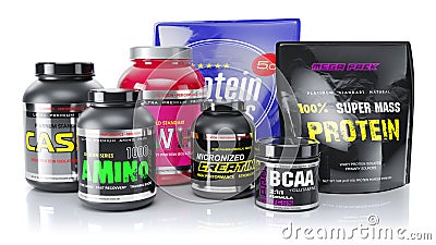 Sports nutrition. Whey, BCAA, protein, amino. 3d render Stock Photo