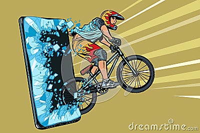 Sports online news concept. athlete cyclist in a helmet on a mountain bike Vector Illustration