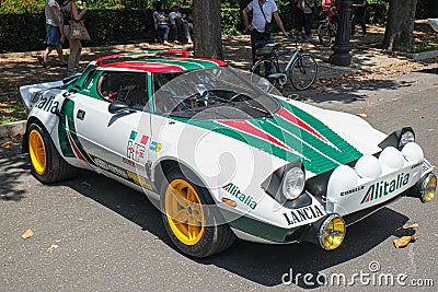 Sports and rally car Lancia HF in old rare racing cars exhibition.Italian brand Editorial Stock Photo