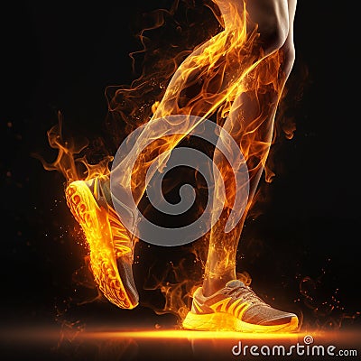 a sports runner legs burnt with fire flames on black background Stock Photo