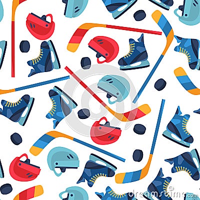Sports seamless pattern with hockey equipment flat Vector Illustration