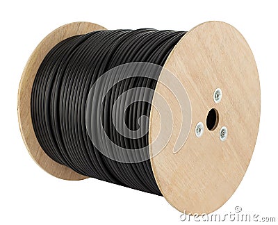 Wooden coil of electric cable isolated white background. . Stock Photo