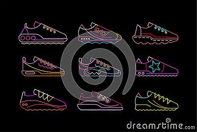 Sports Shoes Neon Vector Icons Vector Illustration