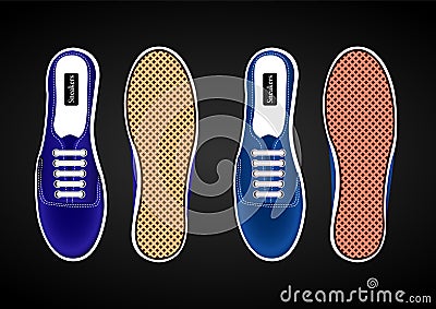 Sports shoes, sneakers realistic blue view from above and from the sides of the soles Vector Illustration