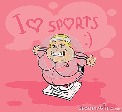 Sports, sports clothes and fat aunt. Vector Illustration