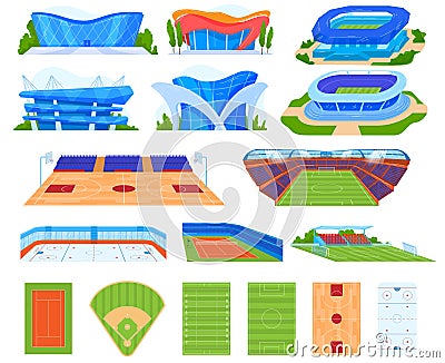 Sports stadium vector illustration set, cartoon flat indoor or outdoor arena field for sportsman people, stadium Vector Illustration