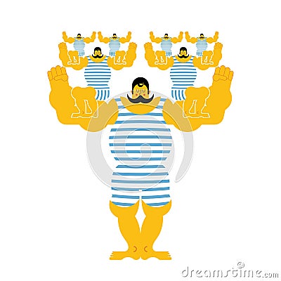Sports strong family dynasty. Retro strongman and children. Vintage Sportsman. Circus bodybuilder. man of musls in poloat clothes Vector Illustration