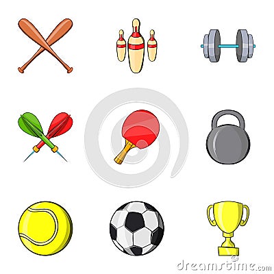 Sports stuff icons set, cartoon style Vector Illustration