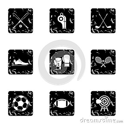Sports stuff icons set, grunge style Vector Illustration