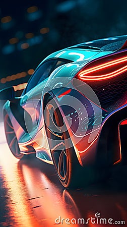 sports supercar's rear, tires gripping the track, as it accelerates under the neon glow Stock Photo