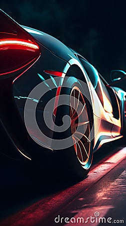 sports supercar's rear, tires gripping the track, as it accelerates under the neon glow Stock Photo